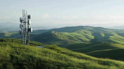 Communication tower overlooks rolling green hills.