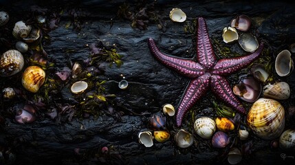 Starfish on Rock Wall with Sea Shells