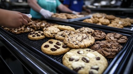 Assorted freshly baked chocolate cookies on trays in bakery kitchen