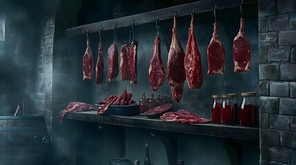 Hanging meat ready for cooking in dark kitchen