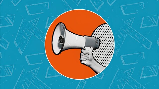 Cartoon megaphone icon, circular orange background, white halftone dots, retro style, flat design, blue pattern background, announcement symbol, communication concept, vector illustration, bold colors