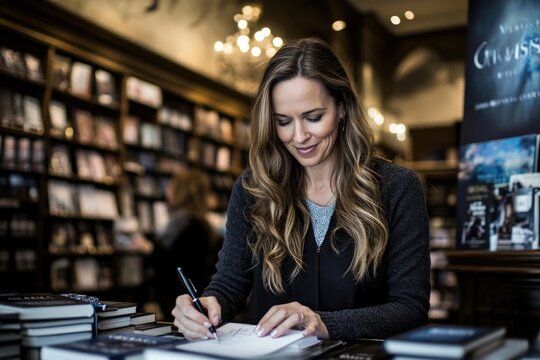 Caucasian female author signing books in a cozy bookstore setting