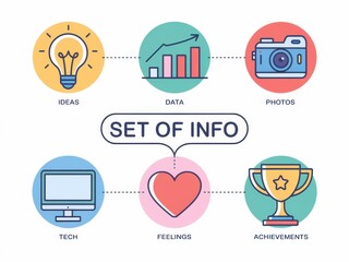 Fototapeta premium Information set illustrating ideas data photos tech feelings achievements