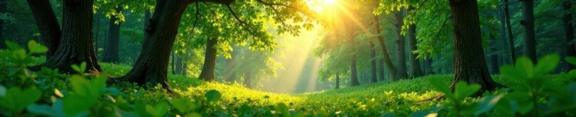 Obraz premium Sun-dappled forest, lush greenery, vibrant canopy, background, moss