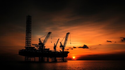 Obraz premium Offshore oil rig silhouette at sunset against a vibrant orange sky