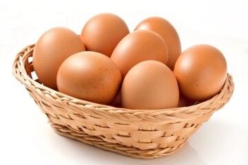 A basket filled with brown eggs sits against a clean white background, showcasing the eggs' natural hues.