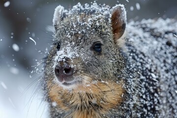 Obraz premium Dasyprocta punctata enjoying snowfall in winter wonderland