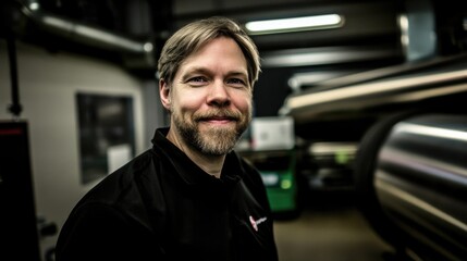 Caucasian male adult in industrial setting with machinery