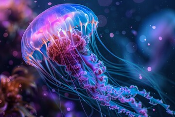 Obraz premium Pink and blue jellyfish with long tentacles floating in dark water with glowing particles