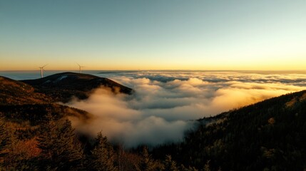 Fototapeta premium Mountain sunrise over cloud-covered forest with wind turbines in the distance