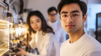 Obraz premium Asian young adults in a laboratory setting engaged in scientific research