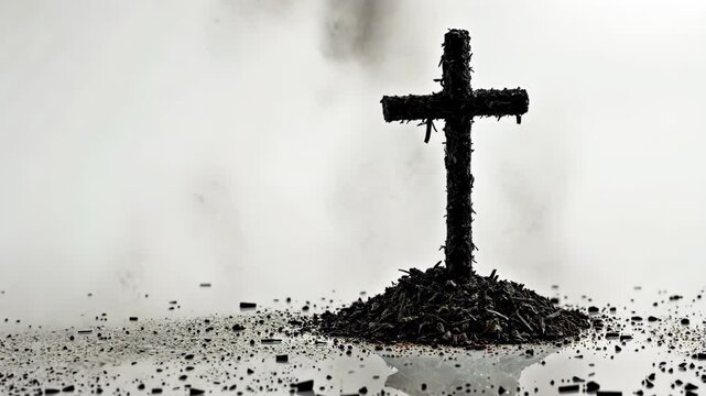 Symbol of Faith and Remembrance Represented by Ashes Cross Against a Stark White Background During Ash Wednesday Observances and Funeral Rituals