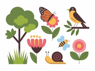 A Colorful Springtime Scene With Flowers Birds And Insects