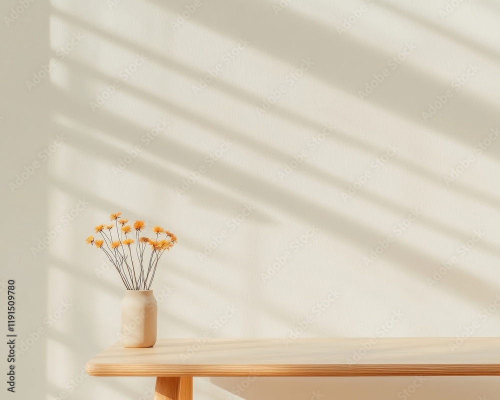 Poster minimalist workspace with sunlit shadows and vase of flowers - spring refresh