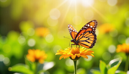Obraz premium Butterfly resting on yellow flower in vibrant garden