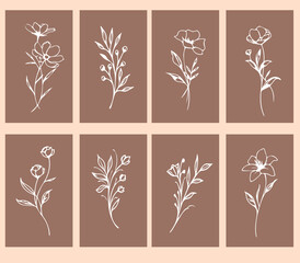 Flowers drawn by hand line, logo for design, on white background, Mocha Mousse colors - Pantone colors of 2025
