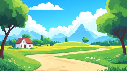 Naklejka premium Idyllic Countryside Scene with House and Winding Road