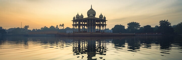 Naklejka premium Sunrise over serene lake reflecting temple.