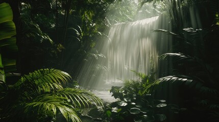 Lush Rainforest Waterfall Bathed In Sunlight