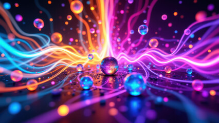 Fototapeta premium A vibrant, colorful abstract background with swirling patterns and floating spheres.