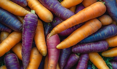 A wide-angle shot of a large pile of freshly harvested orange and purple carrots