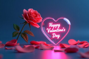Valentine's Day Rose. A glowing heart-shaped sign with "Happy Valentine's Day" text next to a red rose and scattered petals on a blue background.