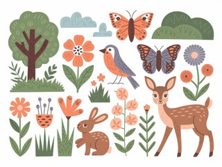 Delightful Springtime Animals and Flowers Illustration