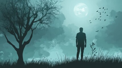 Man Silhouette Stands Alone Under Night Sky