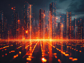 Fototapeta premium Vibrant blockchain network with glowing data nodes forming a web across a futuristic cityscape in stunning 8K resolution