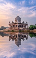 Fototapeta premium Serene temple reflected in calm water at sunrise.