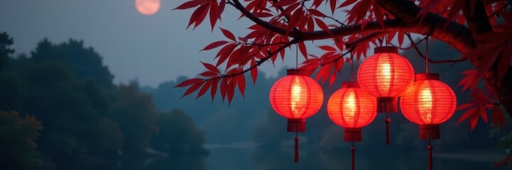 Obraz premium Delicate red lanterns suspended from a bamboo tree branch at dusk, nature, symbolism