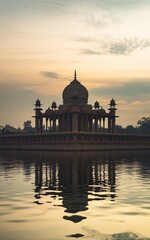 Obraz premium Sunrise reflection of a grand mausoleum on calm water.