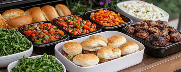 delicious outdoor buffet with burgers, salads, and grilled meats