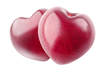 Two heart shaped cherry fruits isolated cut out