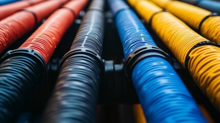 Colorful corrugated conduits converge, close-up view.