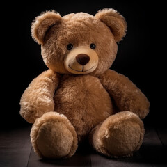Obraz premium Adorable Fluffy Teddy Bear Photograph on Dark Background - Cute Toy Teddy for Children's Room Decor and Gift Ideas