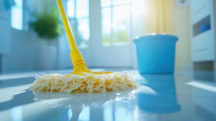 Cleaning action with yellow mop and blue bucket modern kitchen photography bright environment close-up view household chores