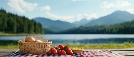 scenic lakeside picnic with basket of bread and fresh tomatoes on checkered cloth