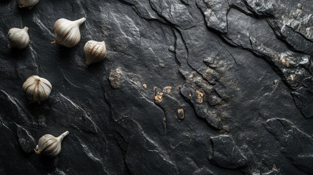 Fresh garlic bulbs on dark stone background.