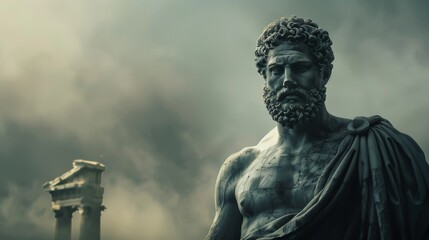 Marcus aurelius commanding presence with sculpted torso under moody sky and greek relics