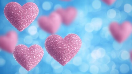 Obraz premium Pink glitter hearts floating on a blue bokeh background