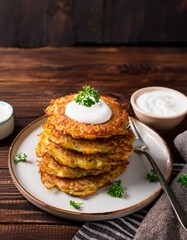 Generated image Potatoes pancakes latkes, flapjacks, hash brown or potato vada with white greek yoghurt