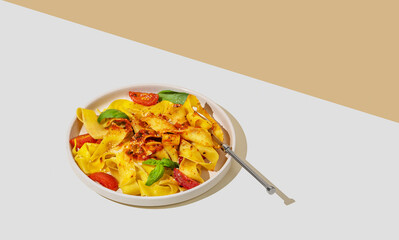 Tagliatelle or pappardelle pasta with tomato sauce, basil and parmesan cheese in a plate