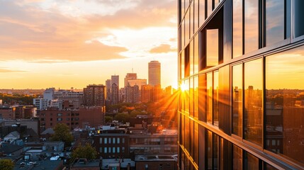 Golden Sunset Over Cityscape Reflecting On Modern Building