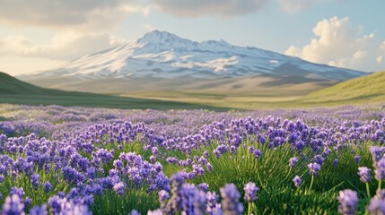 Lavender Field Before A Snow Capped Mountain