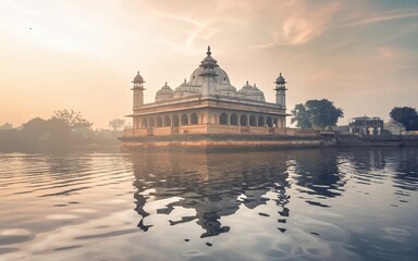 Obraz premium Sunrise view of a mosque on a lake.