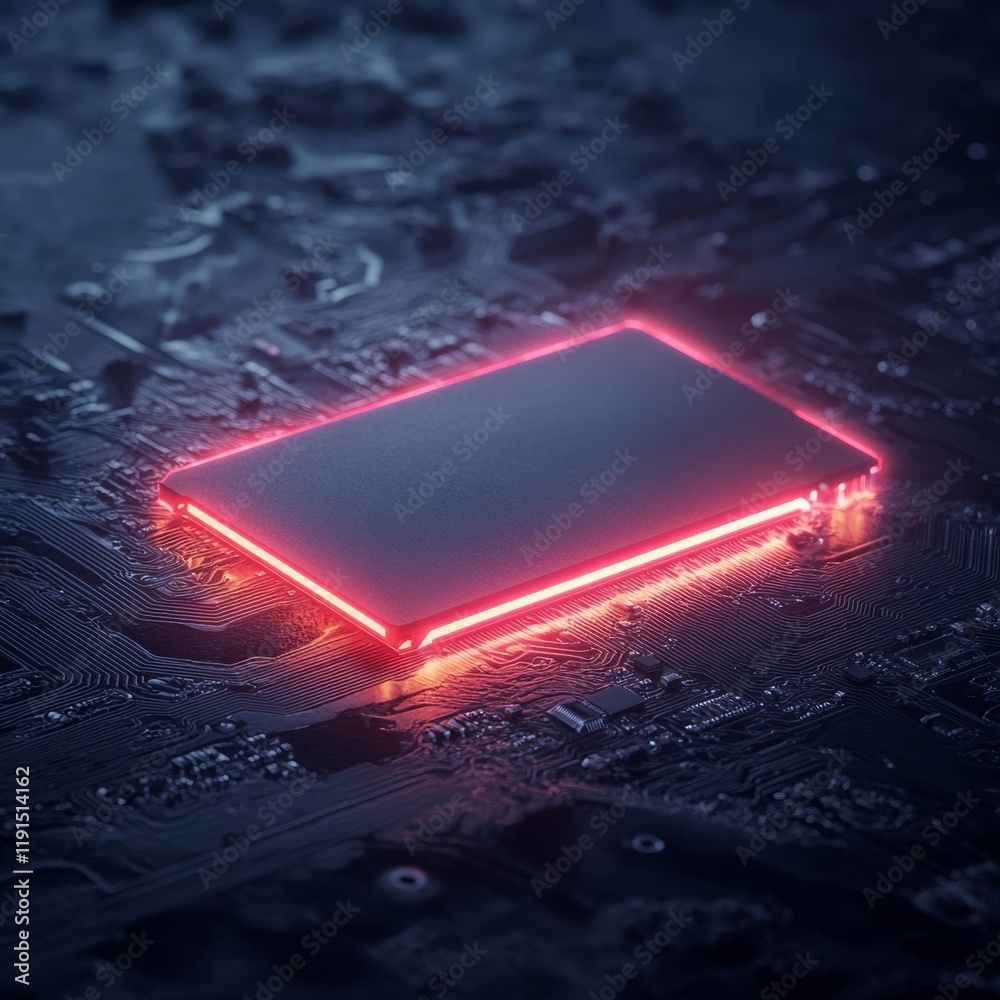 Poster Neon-Lit Gaming Graphics Card on Circuit Board in Dark Ambient Lighting