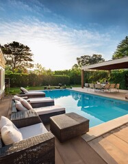 Fototapeta premium Generated image Luxurious backyard with a sparkling pool and comfortable patio furniture