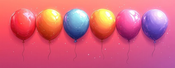 Colorful cartoon balloons with vibrant outlines against a gradient pink background create a playful atmosphere, headline, greeting card happy birthday, holiday balls