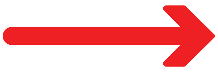 Red large forward or right pointing solid long arrow icon. Red arrow icon. Red bold horizontal arrow. Vector illustration. 